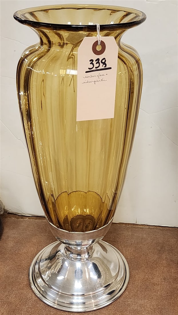 Amber Glass Vase w/Silverplate Base 17": Amber Glass Vase w/Silverplate Base 17"