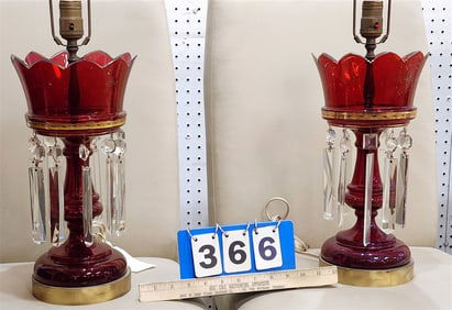 Pr. 19th C Ruby Glass Girandoles Made Into Lamps 28"