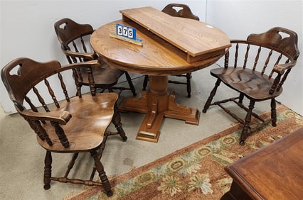 Oak 42" Diam. Ped. Base Table w1 Leaf w/4 Bent Bros Captains Chairs
