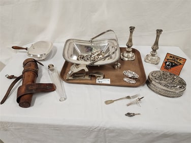 Tray Silverplate - Basket, Bx, Candlesticks, Corn Cob Holders, Hand Blown Flask In A Leather Holder