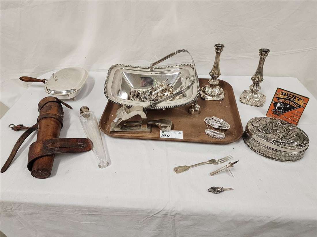 Tray Silverplate - Basket, Bx, Candlesticks, Corn Cob Holders, Hand Blown Flask In A Leather Holder: Tray Silverplate - Basket, Bx, Candlesticks, Corn Cob Holders, Hand Blown Flask In A Leather Holder Etc.