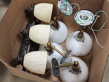Bx Set 4 Adjustable Light Fixtures w/Milk Glass Shades 12" H X 8" Diam., 3 Light Wall Fixture 21