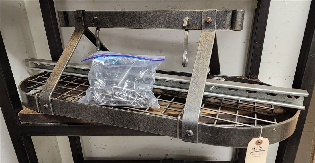 Steel Hanging Pot Rack 11" H X 3' W X 16" D w/Support Bar + Chair (1 of 3)