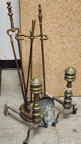 Pr. Brass Andirons 16 1/2" + Fireplace Tools + Stand