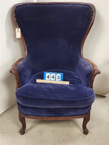 30's Carved Mahog Frame Wing Chair 44" H X 30 1/2" W X 22" D