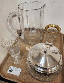 Tray Cut Glass Bowl w/Silverplate Cover 5 1/2" H X 7 1/2" Diam., Hand Blown Pitcher 9 1/2" Etc.
