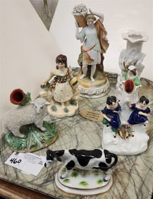 Tray 6 19th C Porcelain Figurines 9", 7", 3 Staffordshire 6", 5 1/2" + 5" + Cow 3 1/4"