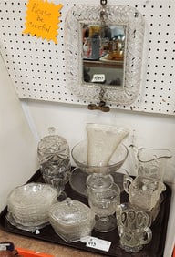 Tray Vintage Pressed Glass Incl. Grape + Bird Wall Pocket 7 1/2" H X 7" W + Framed Mirror 12" X 10