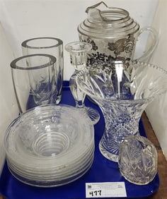 Tray Cut Glass, Pr. Etched Crystal Mid Century Vases 6 1/2" H Silver Overlay Pitcher 10" Etc.