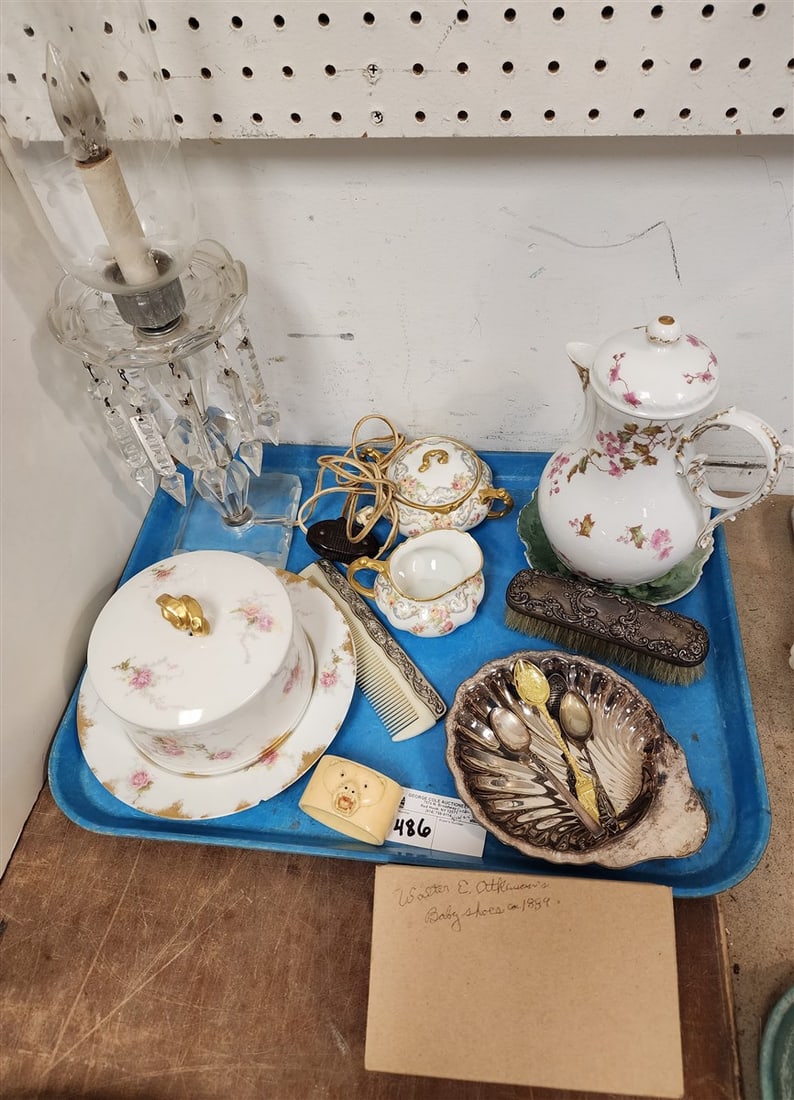 Tray Limoges Covered Cheese, Tea Pot, Sugar/cream, Crystal Lamp, Sterl. Dresser Brush + A Few: Tray Limoges Covered Cheese, Tea Pot, Sugar/cream, Crystal Lamp, Sterl. Dresser Brush + A Few Spoons, Walter A + Kenson's 1889 Baby Shoes, Etc.