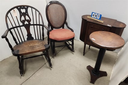 Martha Washington Mahog. Sewing Stand 29 1/2" H X 28" W X 14" D, Deco Stand 27 1/2" H X 16" Diam.,