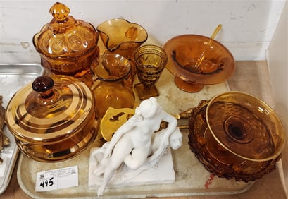 Tray Amber Glass, Parian Figure of Lion - Tail Missing & Brass Serving Pcs.