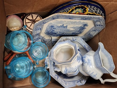 Bx Vict. Ironstone Transfer Ware, Blue Pressed Glass, Mexican Plates, Etc.