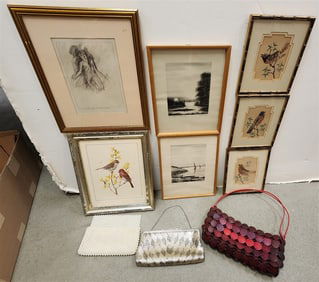 Bx 2 Purses, 7 Framed Items - 3 W/C + Feather Birds 6" X 4 1/4" w/Frames 10" X 8 1/2", Pr. Etchings,