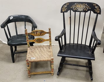 Child's Stenciled Rocker, 19th C Plank Seat Child's Chair + Ptd. Mexican Child's Chair