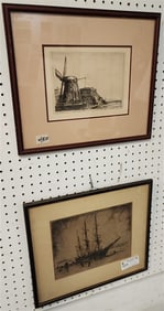 Lot 2 Etchings Docked Ship Pencil Sgnd George Taylor Plowman 8 3/4" X 10 3/4" w/Frame 14 1/2" X 16