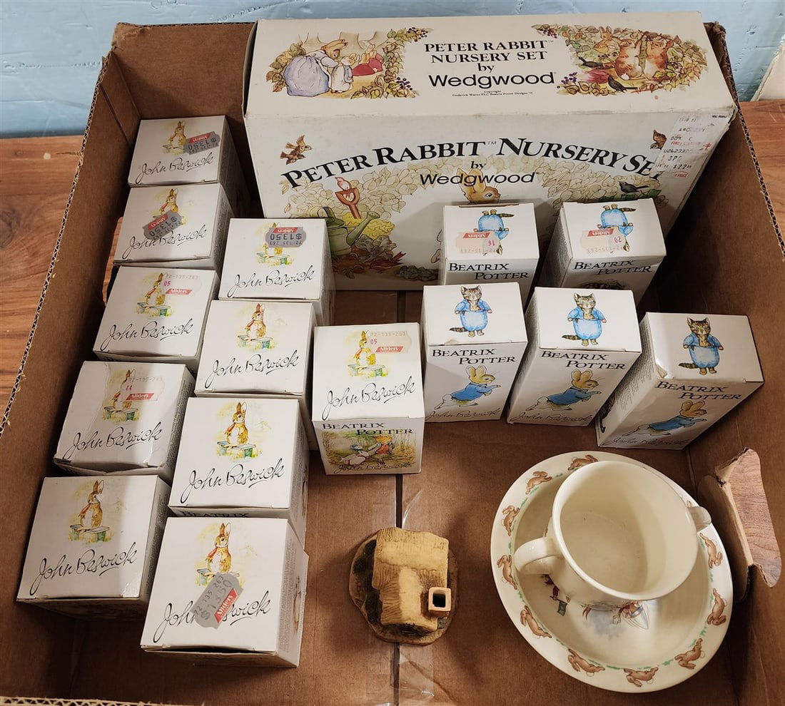 Bx Beswick Beatrix Potter Bird Figurines + Bx'd Wedgewood Peter Rabbit Nursery Set + Royal Dalton: Bx Beswick Beatrix Potter Bird Figurines + Bx'd Wedgewood Peter Rabbit Nursery Set + Royal Dalton Bunnykins Boel + Cups