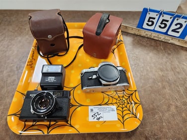 Tray 4 Cameras - Konica Auto S3, Pentax ME Spuper, Argus 75, Brownie Hawkeye Flash Model