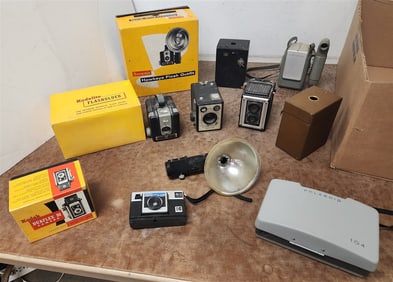 Bx 9 Cameras - # 2 Brownie, Brownie Hawkeye Flash Model, Duaflex 3 w/Original Bx, Brownie Model E,