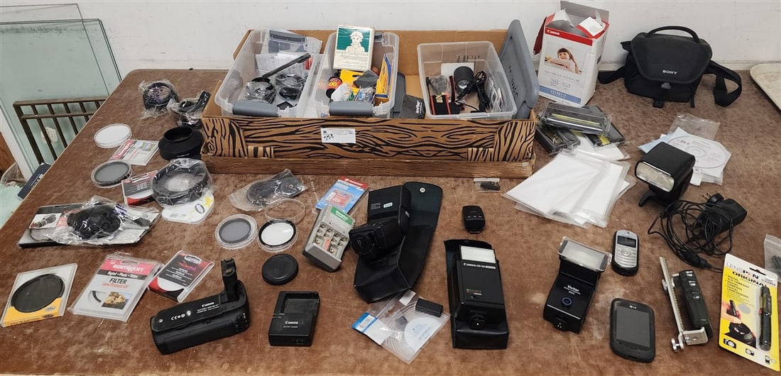 Tub Of Camera Accessories - Flashes, Battery Grips, Chargers, Digital Photo/Video Filters, Film, (1 of 12)