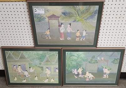 Set 3 Thai Painting On Paper Sgnd Suehart L. 13" X 18" w/Frame 16" X 21"
