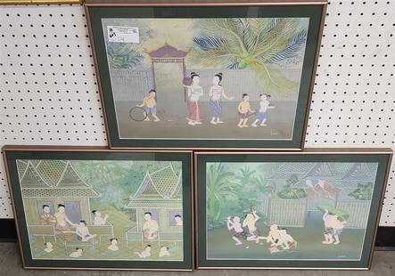 Set 3 Thai Painting On Paper Sgnd Suehart L. 13" X 18" w/Frame 16" X 21": Set 3 Thai Painting On Paper Sgnd Suehart L. 13" X 18" w/Frame 16" X 21"
