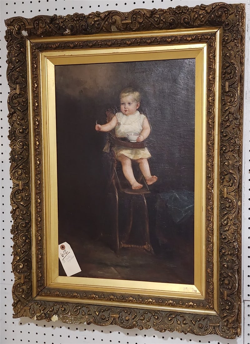 Framed O/C Child In High Chair 24" X 16" w/Frame 33 1/2" 25" (1 of 1)
