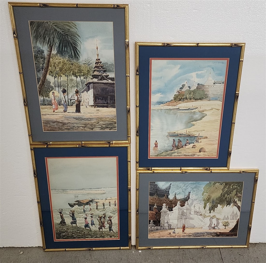 Bx 4 Framed Thai W/C's Sgnd Newe Ya 15" X 10 1/2" w/Frame 19" X 15": Bx 4 Framed Thai W/C's Sgnd Newe Ya 15" X 10 1/2" w/Frame 19" X 15"