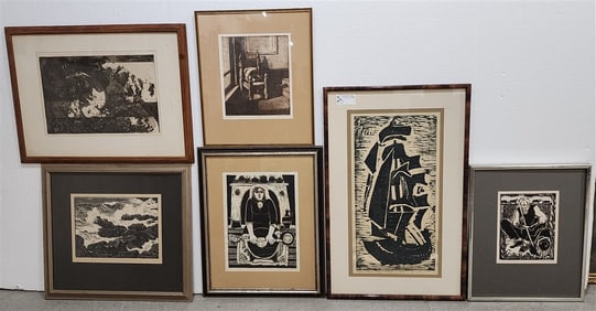 Lot 5 Framed Items - Woodblock Print Tall Ship Sgnd Jimmy Hubert, 24 1/2" X 13", 2- Linocut Prints