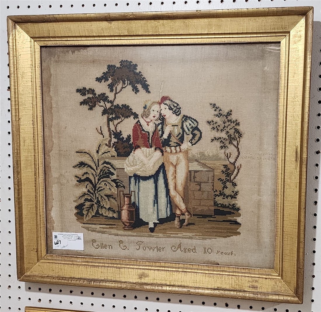 19th C Needlework Sgnd Ellen E. Fowler Aged 10  18" X 20" w/Frame 22 1/2" X 24" (1 of 1)