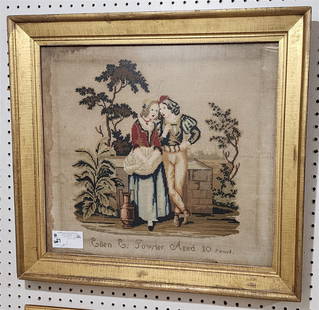19th C Needlework Sgnd Ellen E. Fowler Aged 10  18" X 20" w/Frame 22 1/2" X 24": 19th C Needlework Sgnd Ellen E. Fowler Aged 10 18" X 20" w/Frame 22 1/2" X 24"