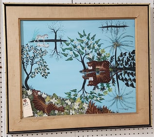 O/C Landscape "Reflection" w/Tigers & Zebra 1974 Sgnd Y. Amoryanos 20" X 24" w/Frame 26" X 30"