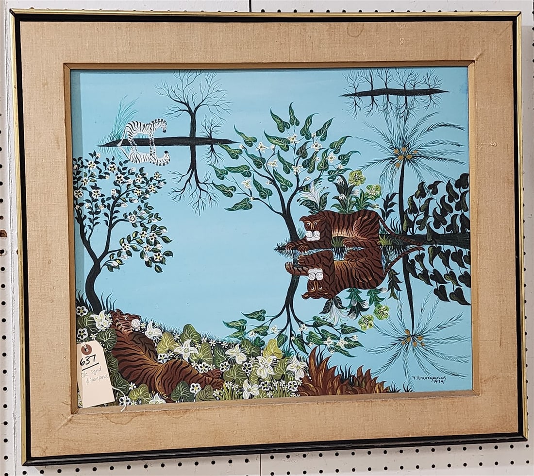 O/C Landscape "Reflection" w/Tigers & Zebra 1974 Sgnd Y. Amoryanos 20" X 24" w/Frame 26" X 30": O/C Landscape "Reflection" w/Tigers & Zebra 1974 Sgnd Y. Amoryanos 20" X 24" w/Frame 26" X 30"