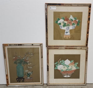 Lot 3 Chinese W/C Still Lives On Paper - 2- 14" Sq. w/Frame 21" Sq. + 20" X 15 1/2" w/Frame 23 1/2"
