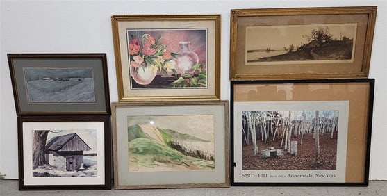 Bx 6 Framed Items - 19th C Engr., W/C Landscape Sgnd Seigel, Pastel Winter Landscape Sgnd Marylou