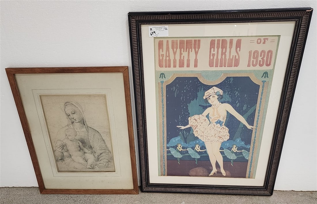 Lot 2 Framed Items - 1930's Gayety Girls Poster 25 1/2" X 18" w/Frame 33" X 24 1/2" + German Print (1 of 4)