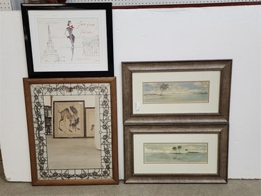 Lot 4 Framed Items - Mirror 31" X 25", Pr. Prints 5 1/2" X 17 1/2" w/Frame 17 1/2" X 29 1/2'" +
