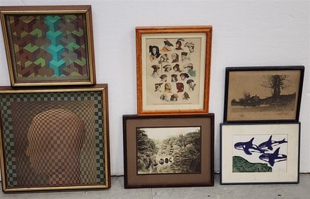 Lot 6 Framed Items 19thC Hand Colored Engr 8.5" x 6.5", 19thC Engr Sgnd Field 6.5" x 8.5", Litho