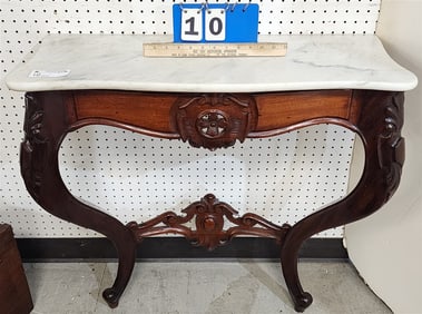 Victorian Walnut Marble Top Console Table 31" H X 31 1/2" W X 12 1/2" D