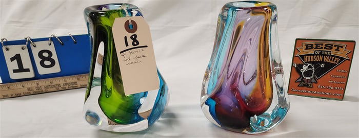 Pr. Harrie Art Glass Vases 7 1/2" Ea.