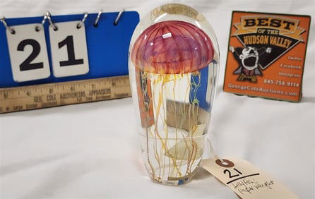 Jellyfish Art Glass Paper Weight Sgnd Satava 5 1/2" H