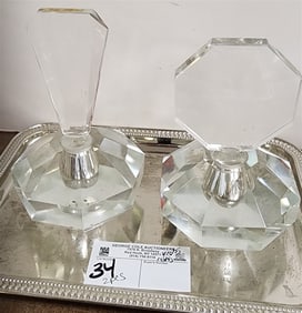 Tray 2 Cut Glass Perfume Bottles 7" + 6 1/2"