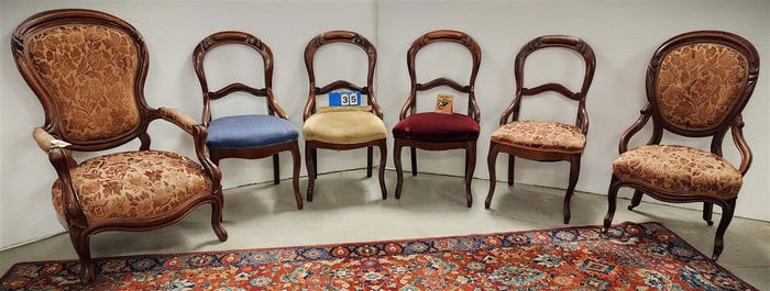 6 Pcs. Victorian Walnut Chairs - Gents, Ladies & 4 Sides