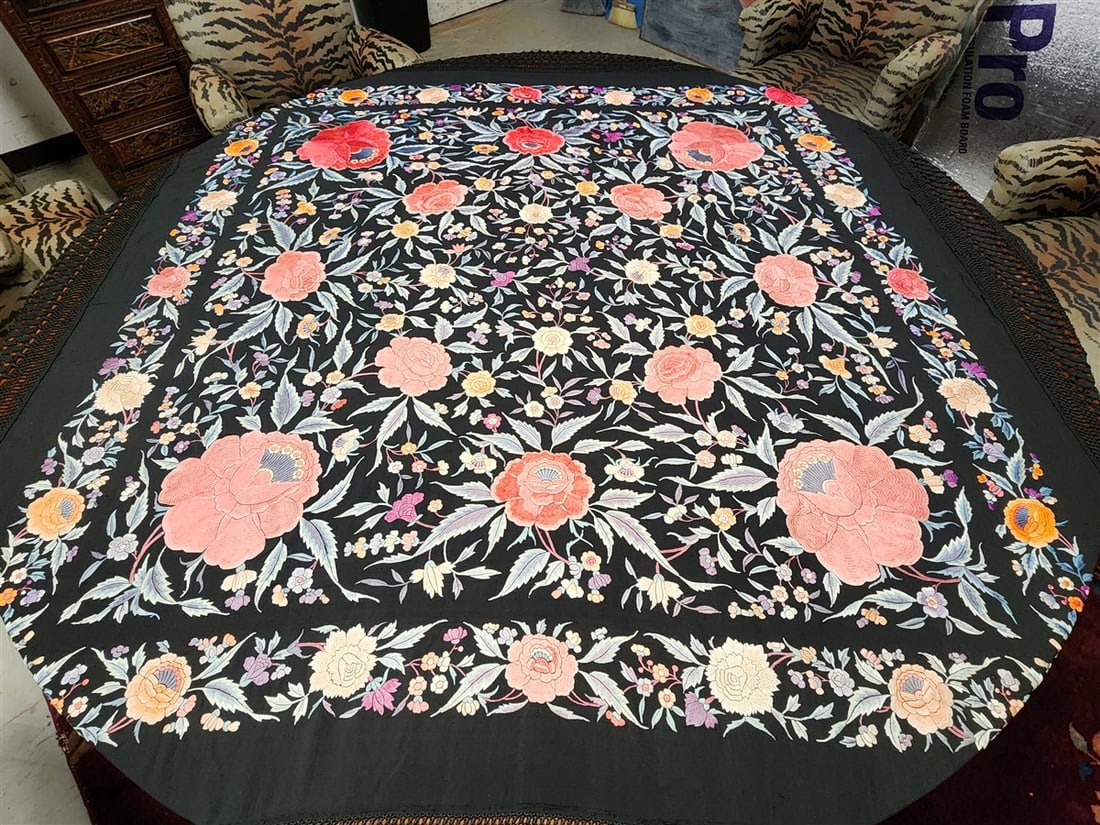 Silk Embroidered Shawl 6'4" Sq. -(Not Including Fringe): Silk Embroidered Shawl 6'4" Sq. -(Not Including Fringe)