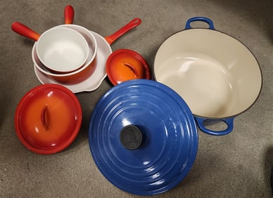 Bx 4 Pcs. - Enameled Cast Iron Le Crueset Covered Casserole + 3 Descoware Belguim Pots