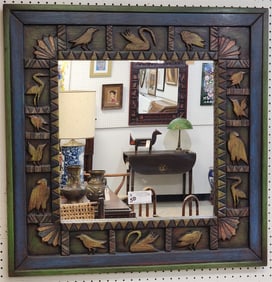 Folk Art Carved Framed Mirror Sgnd Laura Shapiro 32" Sq.