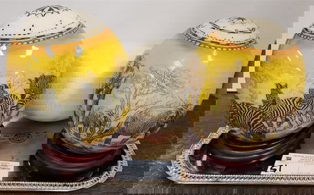 Tray 3 Ostrich Eggs  2-W/Painted Elephant/Zebra