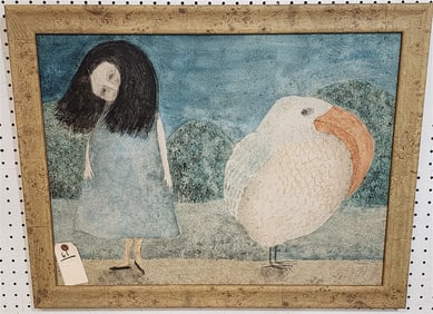 O/C Girl w/Bird Sgnd Truxell 20" X 26 1/2" w/Frame 23 1/2" X 30"