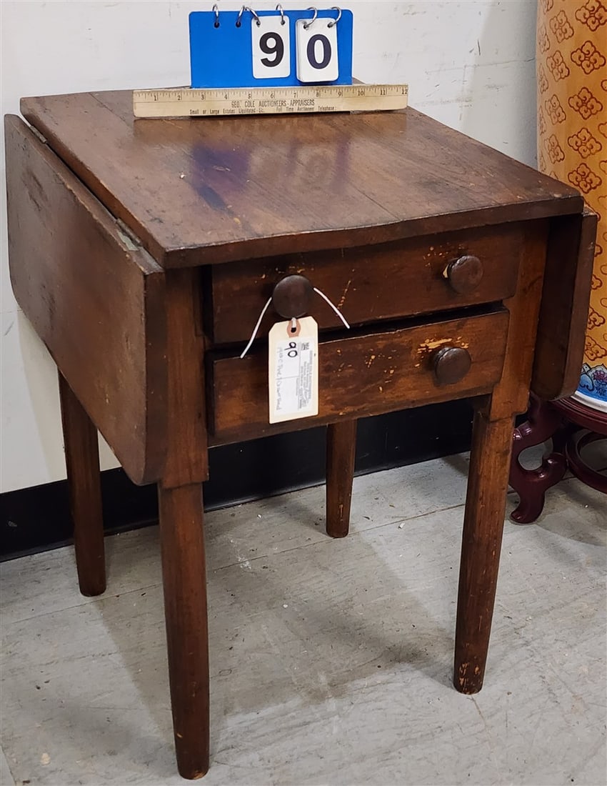 19th C Pine 2 Drawer Drop Leaf Stand 24" H X 27 1/2" W X 19 1/2" D (1 of 2)