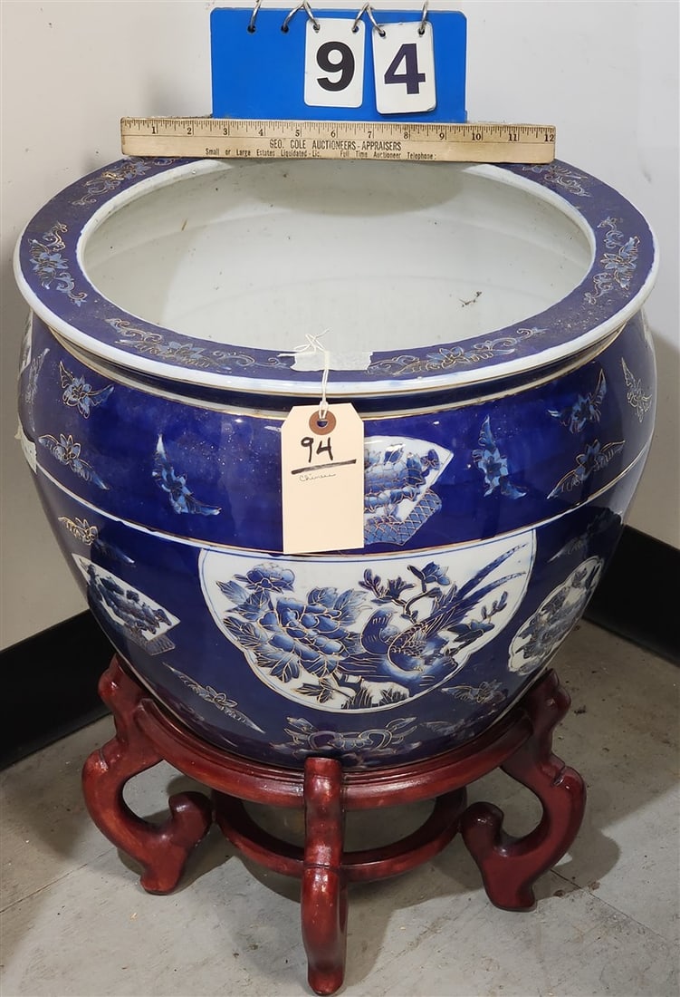 Chinese Jardenier On Wooden Stand 13" H X 16 3/4" D: Chinese Jardenier On Wooden Stand 13" H X 16 3/4" D